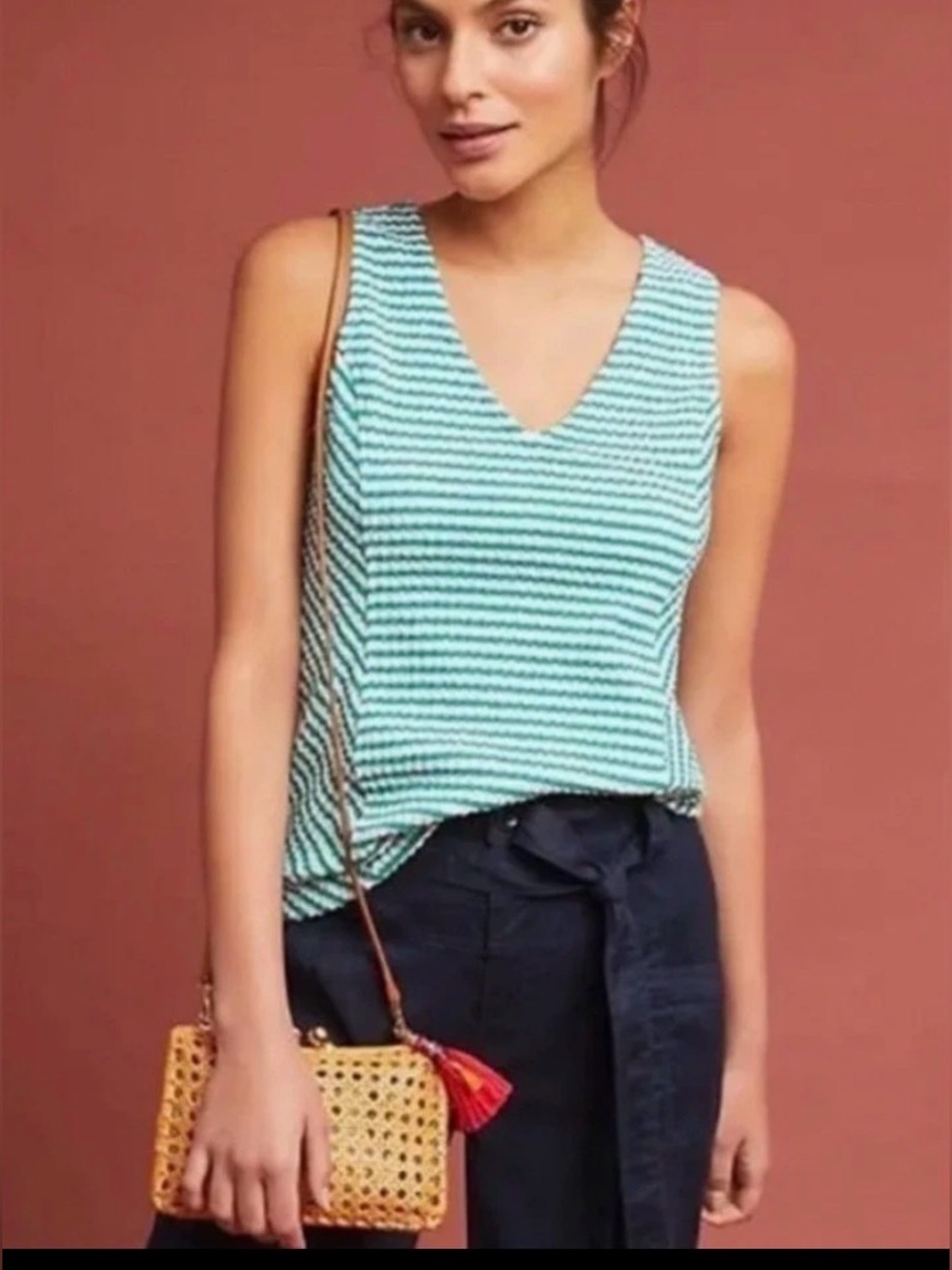 Anthropologie Maeve Franconia Striped V-Neck Tank Top Green White